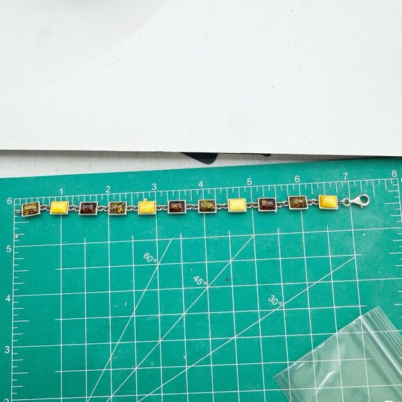 Bezel Set Amber Sterling Silver Link Bracelet Baltic Butter Cognac Honey Amber - Picture 9 of 13